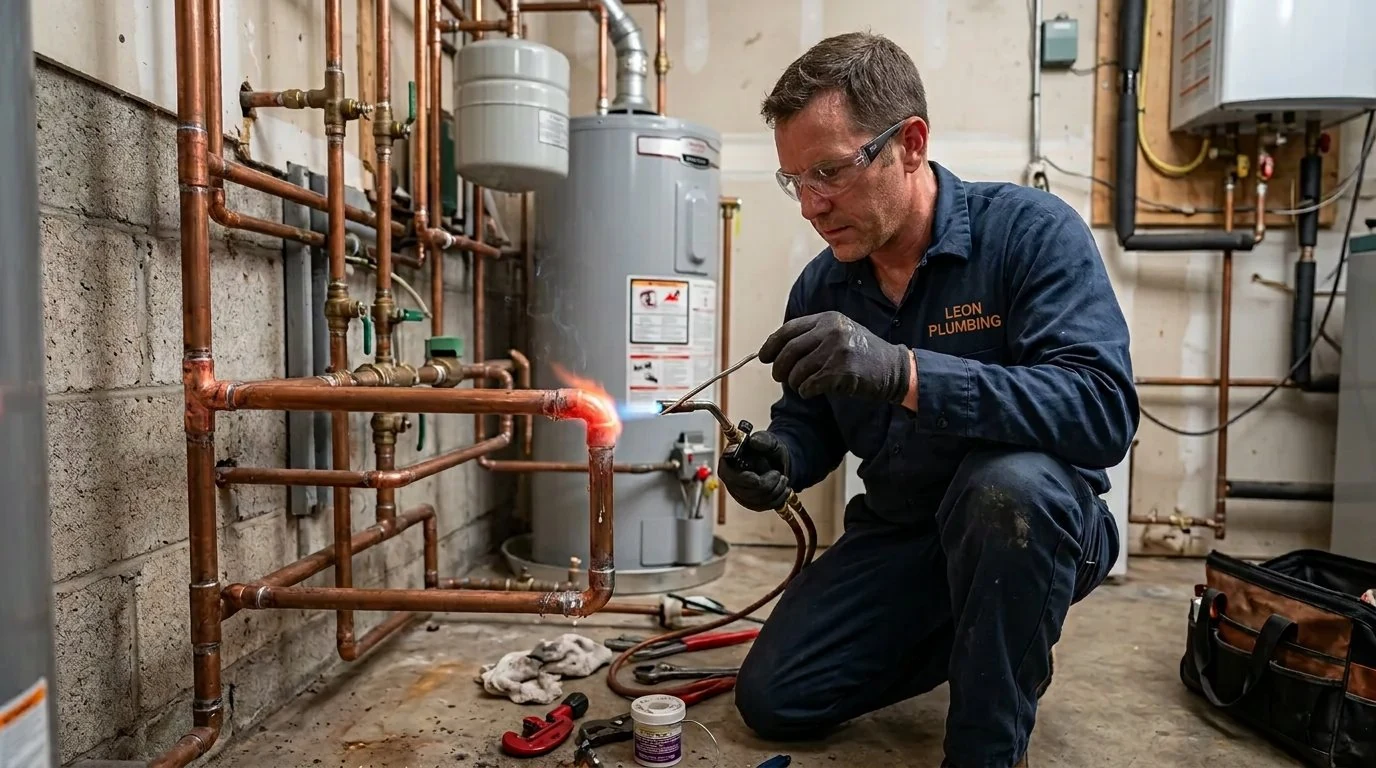 Leon Plumbing technician soldering copper pipes during a repipe