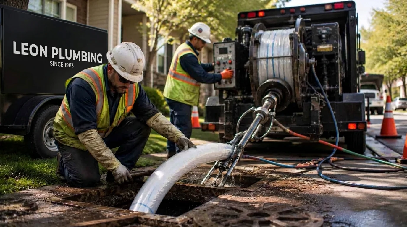 Leon Plumbing truck and technician installing a trenchless sewer liner