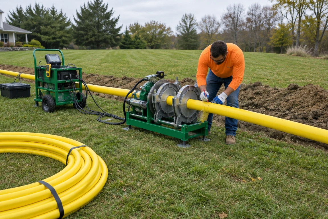 Technician working on a yellow gas main with pipe fusion equipment