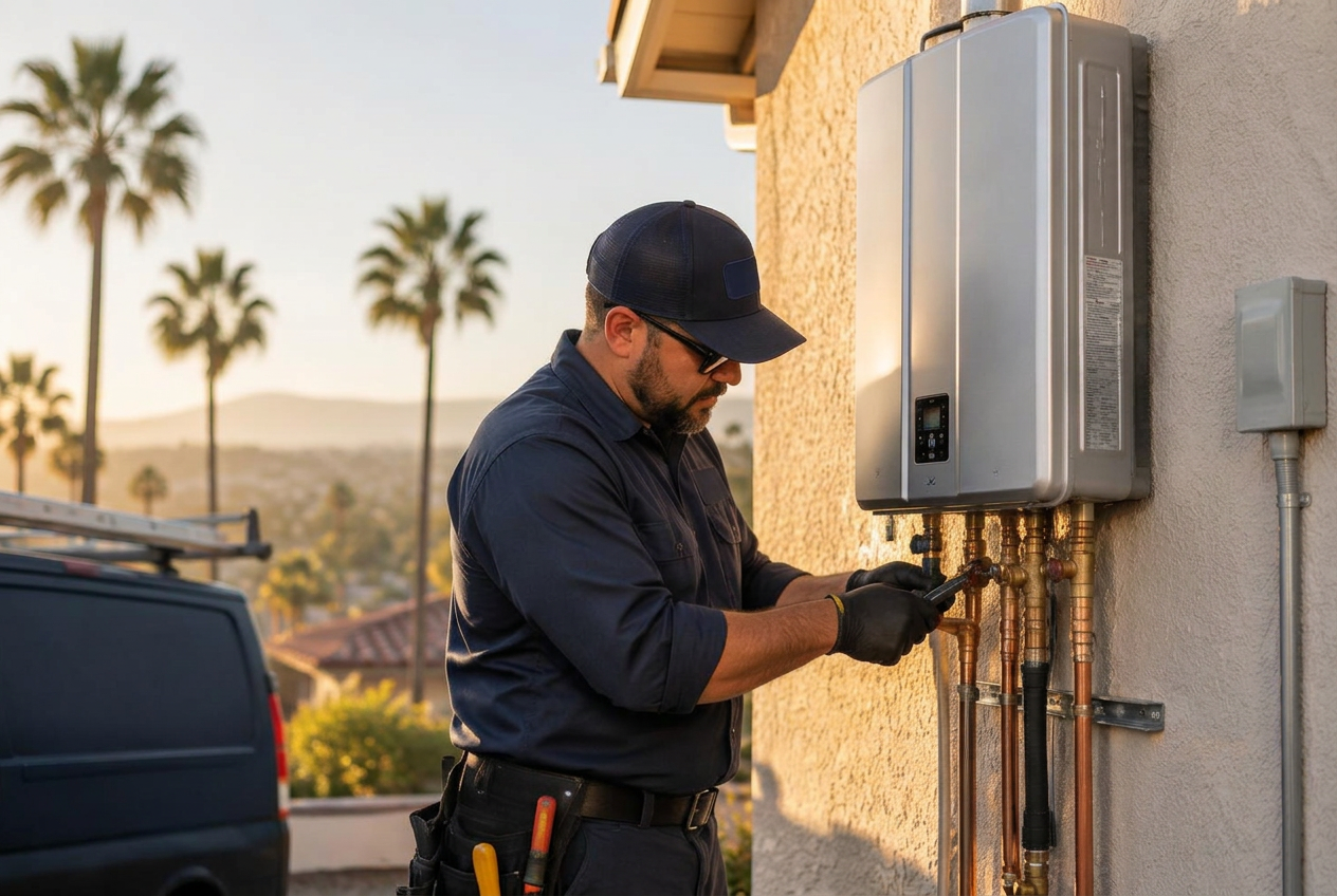 Leon Plumbing technician installing a tankless water heater in Los Angeles